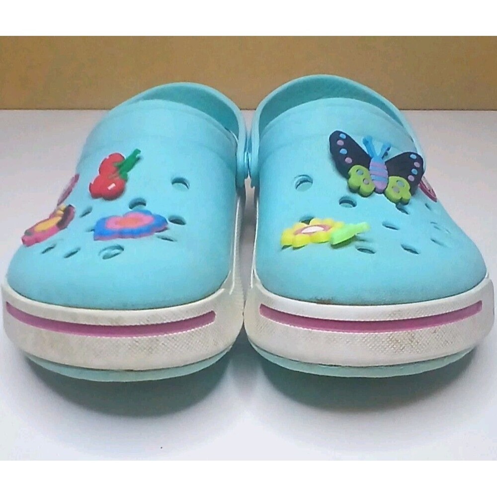 Crocs Kids Girls Sz C 12/13 Aqua Blue /Pink White w Charms Flowers Butterflies - Picture 7 of 16